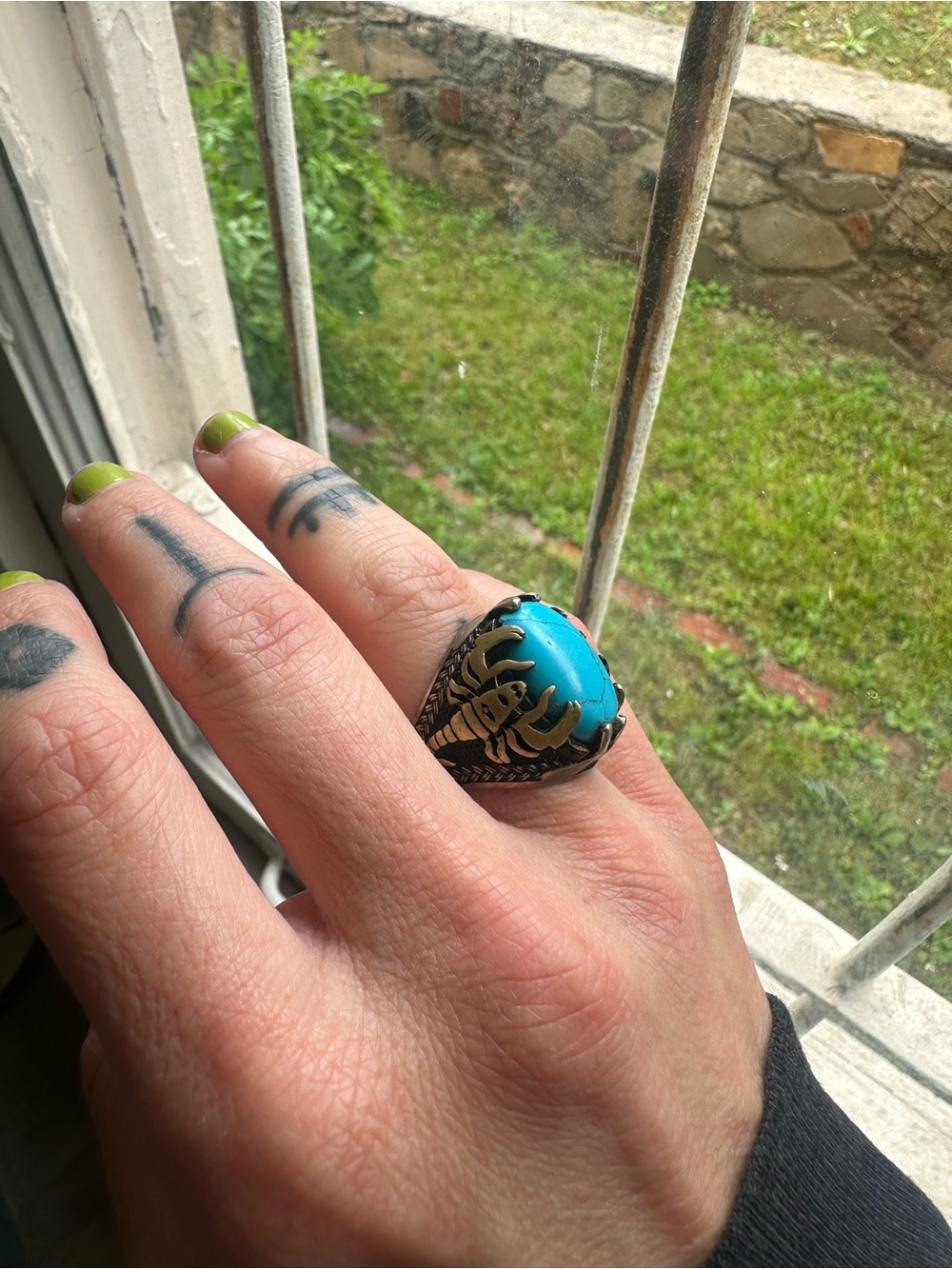 Men's Sterling and Bronze Scorpion Motif Ring with Turquoise Stone